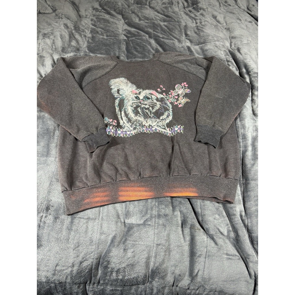 Vintage Cat Sweater  Black Silver Glitter Kitten‎ Sweatshirt bleach, stains sz L
